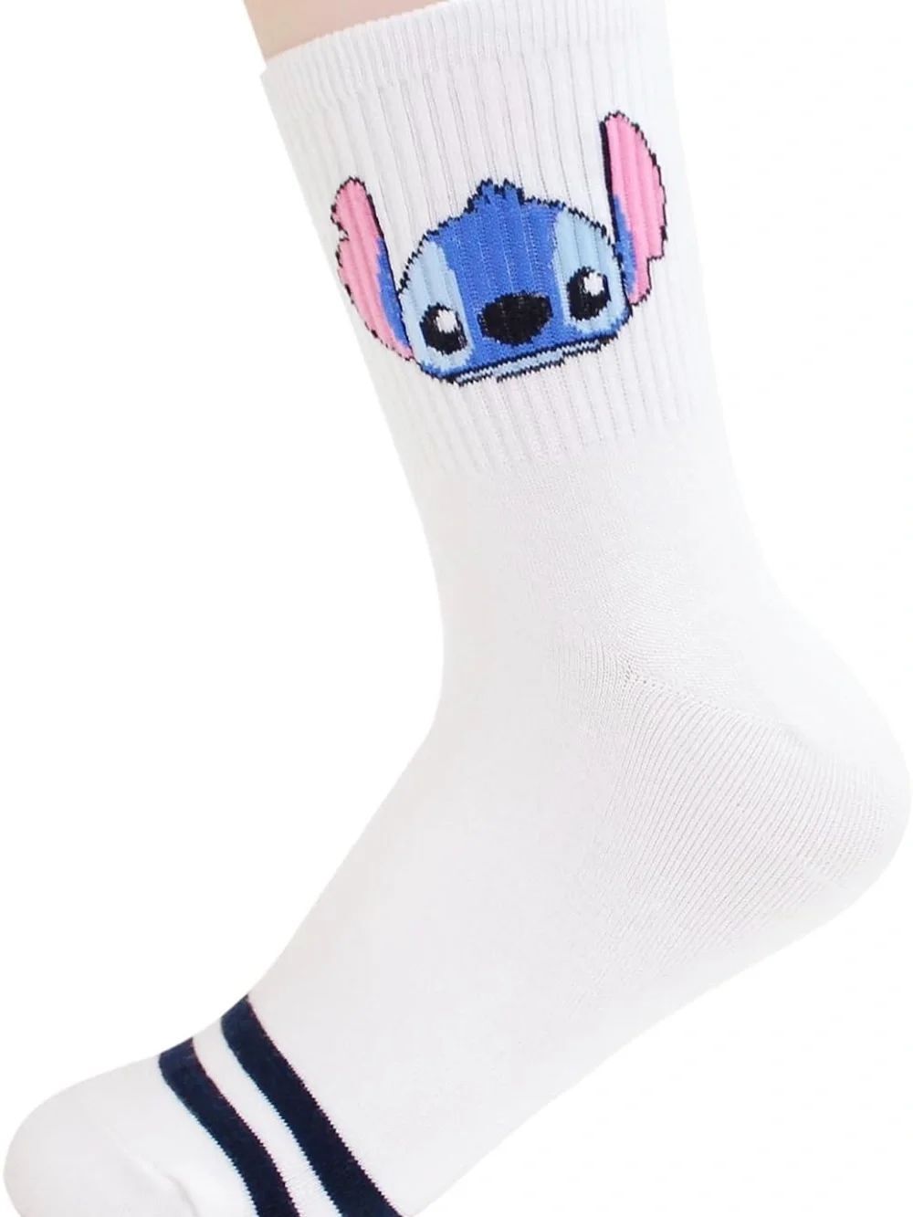 New Cute White Crew Socks with Blue Cartoon Stitch Face